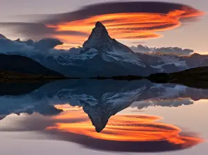 Matterhorn peak at sunset reflected in Stellisee Lake in Zermatt, Switzerland