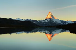 Morning Sky Gallery: Matterhorn reflected in lake Stellisee, at sunrise, Valais Alps, Canton of Valais, Zermatt