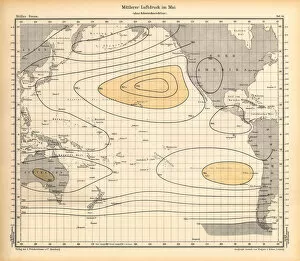 Images Dated 19th January 2018: May Air Pressure Chart, Pacific Ocean, German Antique Victorian Engraving, 1896