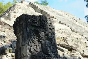 Mayan Stone Stela and Pyramid Temple at Copan
