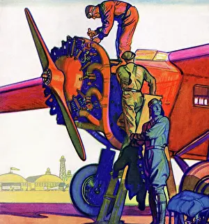 Magazine Prints: Mechanics Prepare plane as pilot prepares for takeoff