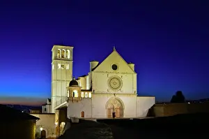 Medieval Basilica of San Francesco at dusk, Assisi