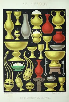 Prints of Medieval furniture and decor, French 12th to 13th Century, Vase, Urns, Lamps, Censer, keys, Vintage illustration Discover the beauty and mystery of the medieval era: Medieval furniture and decor, French 12th to 13th Century