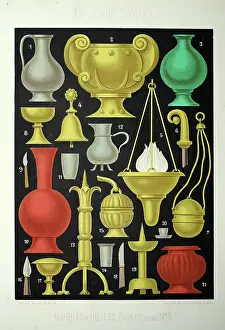 Prints of Medieval furniture and decor, French 12th to 13th Century, Vase, Urns, Lamps, Censer, Vintage illustration Discover the beauty and mystery of the medieval era: Medieval furniture and decor, French 12th to 13th Century