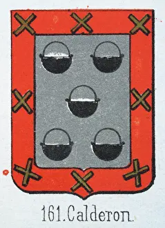 Medieval heraldry, Coat of arms, Shield with Black, Cauldron, Silver, Red, Border, Gold, Cross, Spanish, Vintage illustration