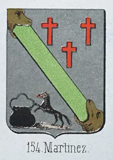 Medieval heraldry, Coat of arms, Shield with Black, Cauldron, Wolf, Red, Cross, Spanish, Vintage illustration