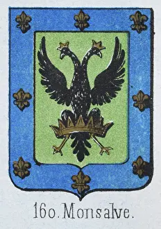 Medieval heraldry, Coat of arms, Shield with Black, Double headed eagle, Crown, Spanish, Vintage illustration