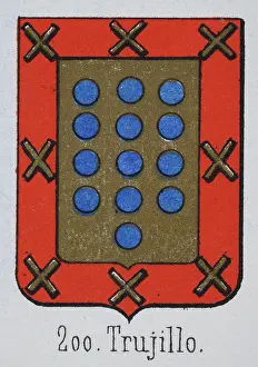 Prints of Medieval heraldry, Coat of arms, Shield with Blue, Dot, Gold, Red, Border, Gold, Cross, Spanish, Vintage illustration Coats Of Arms And Heraldic Badge Prints: Medieval heraldry, Coat of arms