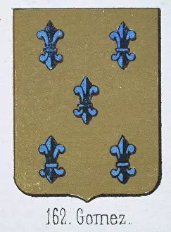 Medieval heraldry, Coat of arms, Shield with Blue, fleur de lis, Gold, Spanish, Vintage illustration