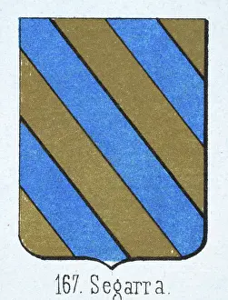 Prints of Medieval heraldry, Coat of arms, Shield with Blue, Gold, diagonal, stripes, Spanish, Vintage illustration Coats Of Arms And Heraldic Badge Prints: Medieval heraldry, Coat of arms