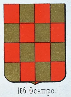 Prints of Medieval heraldry, Coat of arms, Shield with Checked, Gold, Red, Spanish, Vintage illustration Coats Of Arms And Heraldic Badge Prints: Medieval heraldry, Coat of arms