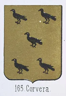 Prints of Medieval heraldry, Coat of arms, Shield with Five, Black, Crows, Birds, Gold, Spanish, Vintage illustration Coats Of Arms And Heraldic Badge Prints: Medieval heraldry, Coat of arms