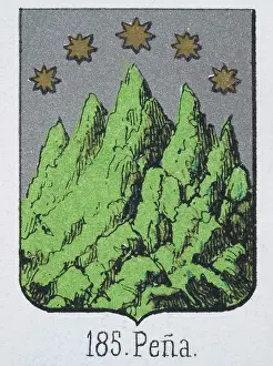 Prints of Medieval heraldry, Coat of arms, Shield with five, gold, stars, green, mountain, Spanish, Vintage illustration Coats Of Arms And Heraldic Badge Prints: Medieval heraldry, Coat of arms