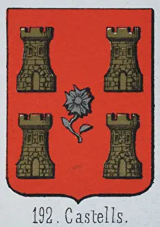 Medieval heraldry, Coat of arms, Shield with Four, Gold, Castle, Silver, Flower, Red, Spanish, Vintage illustration