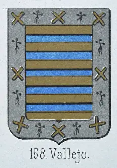 Prints of Medieval heraldry, Coat of arms, Shield with Gold, Blue, Stripes, Silver, border, cross, Spanish, Vintage illustration Coats Of Arms And Heraldic Badge Prints: Medieval heraldry, Coat of arms