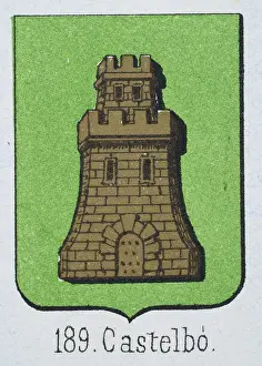 Medieval heraldry, Coat of arms, Shield with Gold, Castle, Green, Spanish, Vintage illustration