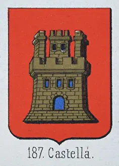 Medieval heraldry, Coat of arms, Shield with Gold, Castle, Red, Spanish, Vintage illustration