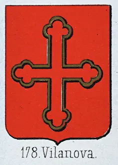 Medieval heraldry, Coat of arms, Shield with Gold, Outline, Cross, Red Spanish, Vintage illustration