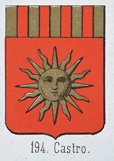 Medieval heraldry, Coat of arms, Shield with Gold, Sun, Red, Stripes, Spanish, Vintage illustration