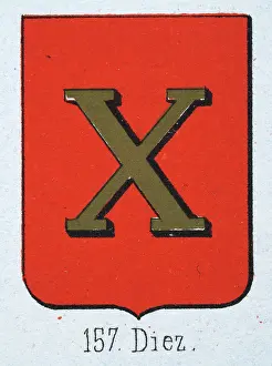 Medieval heraldry, Coat of arms, Shield with Gold, X, Red, Spanish, Vintage illustration