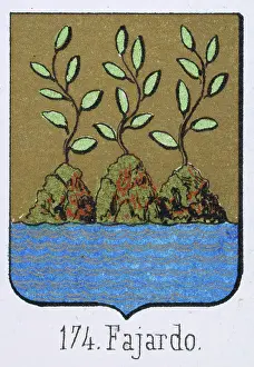 Prints of Medieval heraldry, Coat of arms, Shield with ISland, Sea, Growth, Spanish, Vintage illustration Coats Of Arms And Heraldic Badge Prints: Medieval heraldry, Coat of arms