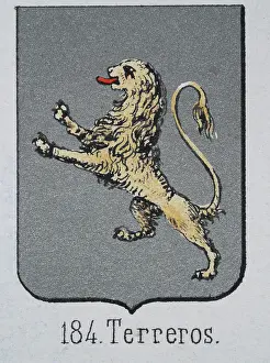 Prints of Medieval heraldry, Coat of arms, Shield with Lion, Rampant, Silver, Spanish, Vintage illustration Coats Of Arms And Heraldic Badge Prints: Medieval heraldry, Coat of arms