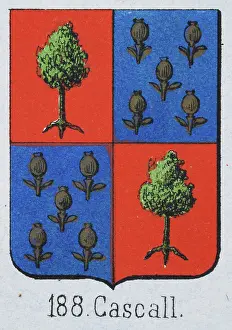 Medieval heraldry, Coat of arms, Shield with Quartered, Green, Oak, Tree, Thistle, Blue, Spanish, Vintage illustration