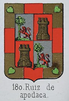 Prints of Medieval heraldry, Coat of arms, Shield with Quartered, Green, Oak, Tree, Gold, Castle, Spanish, Vintage illustration Coats Of Arms And Heraldic Badge Prints: Medieval heraldry, Coat of arms