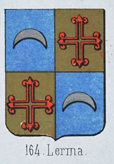 Medieval heraldry, Coat of arms, Shield with Quartered, silver, crescent, red, cross, gold, Spanish, Vintage illustration