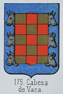 Medieval heraldry, Coat of arms, Shield with Silver, Bulls, Head, Checked, Gold, Red, Spanish, Vintage illustration