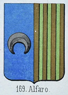 Medieval heraldry, Coat of arms, Shield with silver, crescent, blue, Striped, Gold, Green, Spanish, Vintage illustration