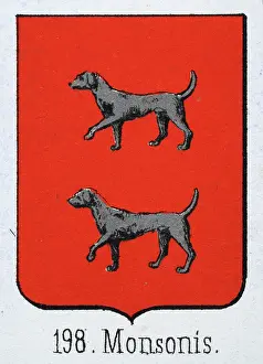 Medieval heraldry, Coat of arms, Shield with Silver, Dogs, Hounds, Red, Spanish, Vintage illustration