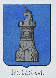 Medieval heraldry, Coat of arms, Shield with Silver, Unicorn, Castle, Blue, Spanish, Vintage illustration