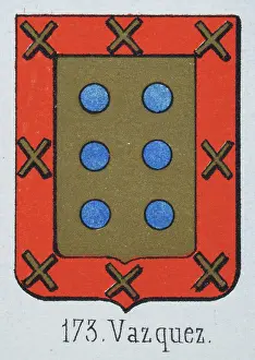 Medieval heraldry, Coat of arms, Shield with Six, Blue, Dots, Red, Border, Gold, Cross, Spanish, Vintage illustration