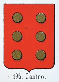 Medieval heraldry, Coat of arms, Shield with Six, Gold, Dots, Red, Spanish, Vintage illustration
