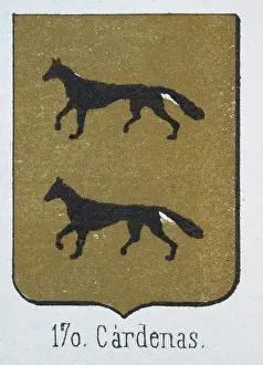 Medieval heraldry, Coat of arms, Shield with Two, Black, Wolves, Gold, Spanish, Vintage illustration
