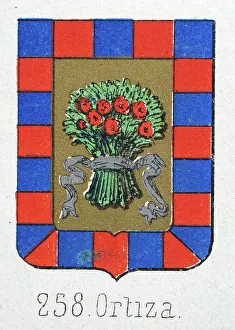 Medieval heraldry, Coat of arms, Shield with, Bunch, Red, Poppies, Blue, Red, Checked, Border, Spanish, Vintage illustration