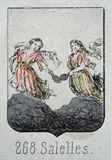 Medieval heraldry, Coat of arms, Shield with, Dancing, Women, Spanish, Vintage illustration