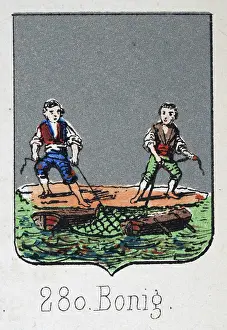 Medieval heraldry, Coat of arms, Shield with, Fishing, Fisherman, Net, Catching, fishing, Spanish, Vintage illustration