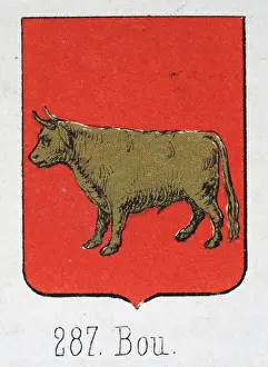 Medieval heraldry, Coat of arms, Shield with, Gold, Bull, Red, Spanish, Vintage illustration