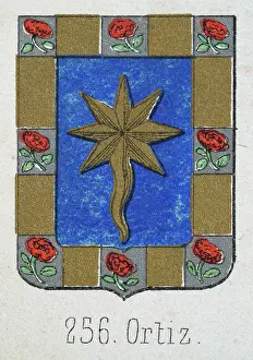 Medieval heraldry, Coat of arms, Shield with, Gold, shooting star, Blue, Red, Rose, Spanish, Vintage illustration