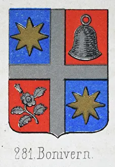 Medieval heraldry, Coat of arms, Shield with, Gold, Star, Blue, Silver, Bell, Flower, Cross, Spanish, Vintage illustration