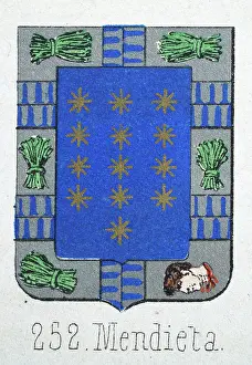 Medieval heraldry, Coat of arms, Shield with, Gold, Stars, Blue, Silver, Border, Spanish, Vintage illustration