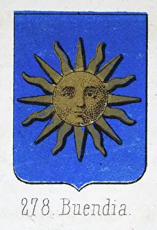 Medieval heraldry, Coat of arms, Shield with, Gold, Sun, Face, Blue, Spanish, Vintage illustration