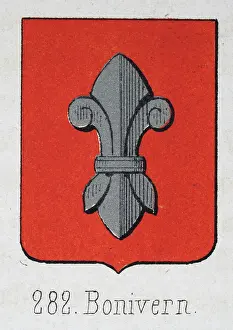 Medieval heraldry, Coat of arms, Shield with, Silver, fleur de lis, red, Spanish, Vintage illustration