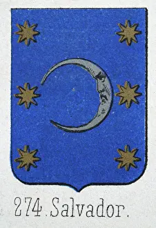 Medieval heraldry, Coat of arms, Shield with, Silver, moon, face, gold, star, blue, Spanish, Vintage illustration