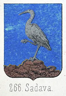 Medieval heraldry, Coat of arms, Shield with, Spanish, Silver, heron, blue, Vintage illustration