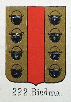 Medieval heraldry, Coat of arms, Shield with, black, cauldron, gold, red, stripes, Spanish, Vintage illustration