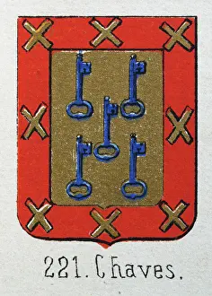 Medieval heraldry, Coat of arms, Shield with, blue, key, gold, red, cross, Spanish, Vintage illustration