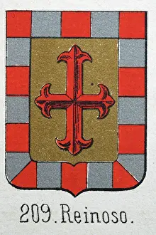 Medieval heraldry, Coat of arms, Shield with, checked, border, red, cross, gold, Spanish, Vintage illustration